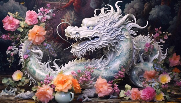 Photo une affiche d'un dragon chinois fabriquée à partir de filigranes d'argent