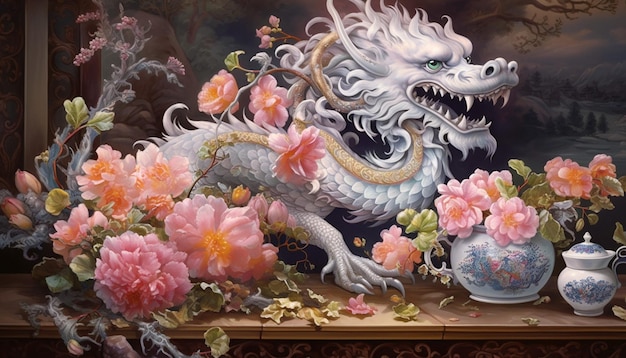 Une affiche d'un dragon chinois fabriquée à partir de filigranes d'argent