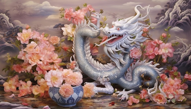 Photo une affiche d'un dragon chinois fabriquée à partir de filigranes d'argent