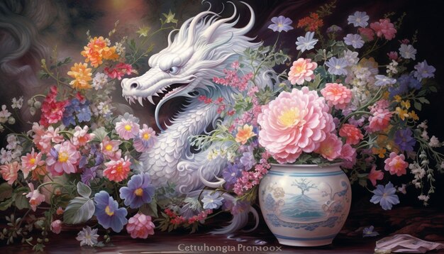 Une affiche d'un dragon chinois fabriquée à partir de filigranes d'argent