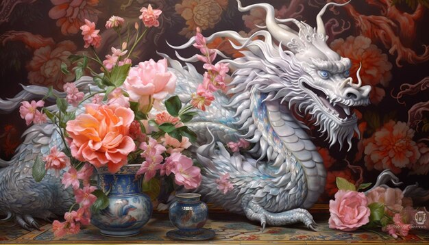 Photo une affiche d'un dragon chinois fabriquée à partir de filigranes d'argent
