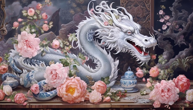 Une affiche d'un dragon chinois fabriquée à partir de filigranes d'argent