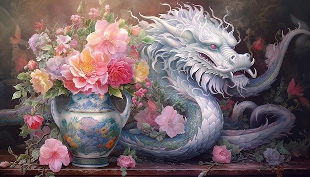 Une affiche d'un dragon chinois fabriquée à partir de filigranes d'argent