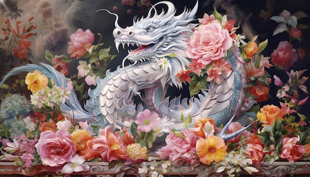 Une affiche d'un dragon chinois fabriquée à partir de filigranes d'argent