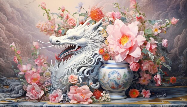 Une affiche d'un dragon chinois fabriquée à partir de filigranes d'argent