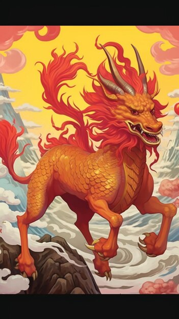 Photo une affiche d'un dragon avec une crinière rouge.