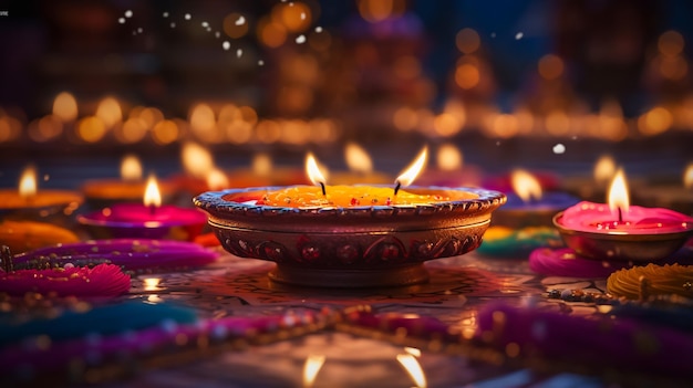 Affiche du festival Diwali vacances DIwali fond brillant avec lampes diya et rangoli Vector illustra