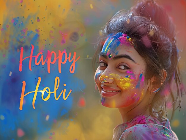 Affiche du festival Holi Une femme souriante avec un texte Happy Holi