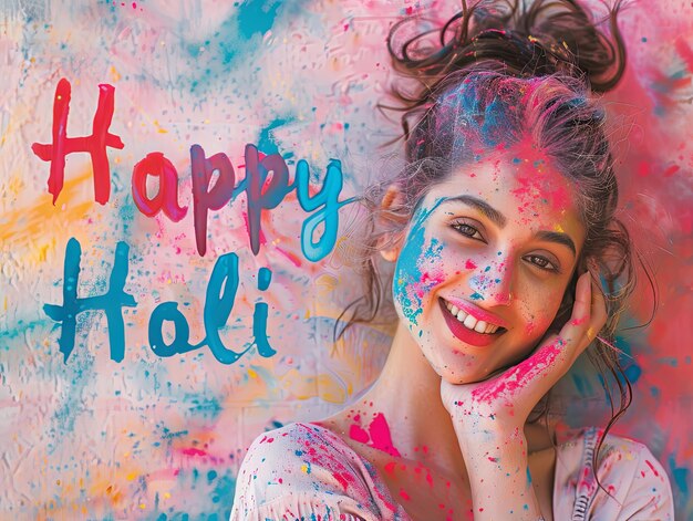 Affiche du festival Holi Une femme souriante avec un texte Happy Holi