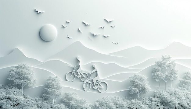 une affiche du jour blanc avec une représentation 3D simpliste d'une promenade en vélo en couple
