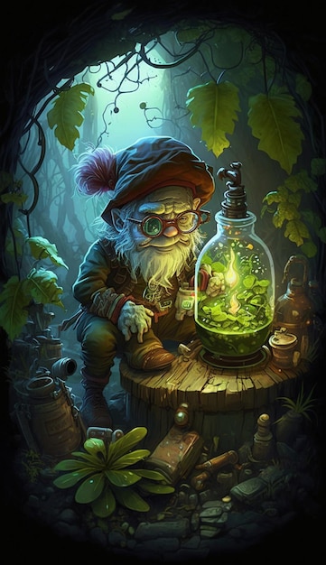 Une affiche du magicien d'oz montre un gnome dans une forêt.