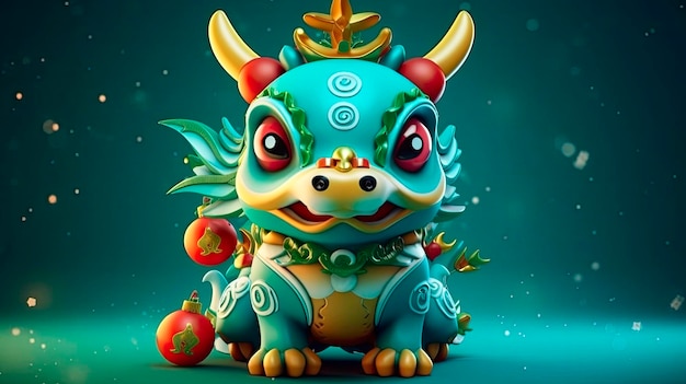 Photo affiche du nouvel an chinois du dragon 2024 avec dragon 3d dessin animé sur l'arbre de noël