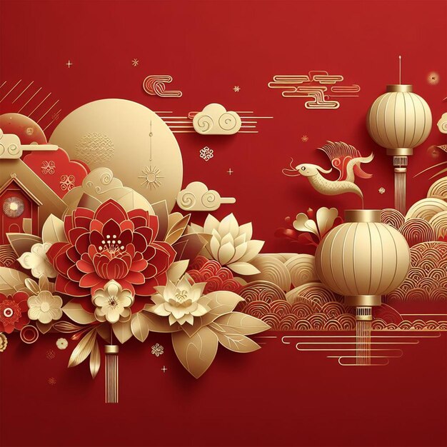 affiche du Nouvel An chinois avec des éléments décoratifs en or sur un fond rouge 7