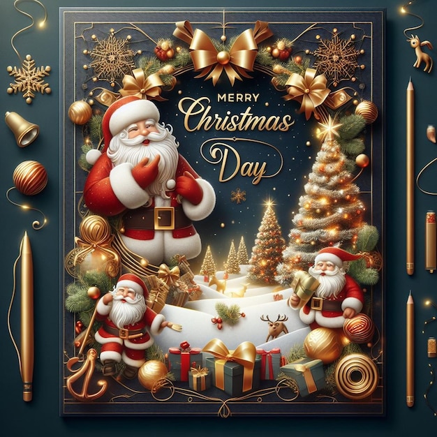 une affiche du Père Noël avec un arbre de Noël et des cadeaux