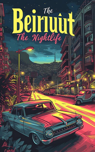 Affiche du texte et du slogan de Beyrouth, la capitale de la vie nocturne, avec une conception de mise en page d'illustration de paysage urbain