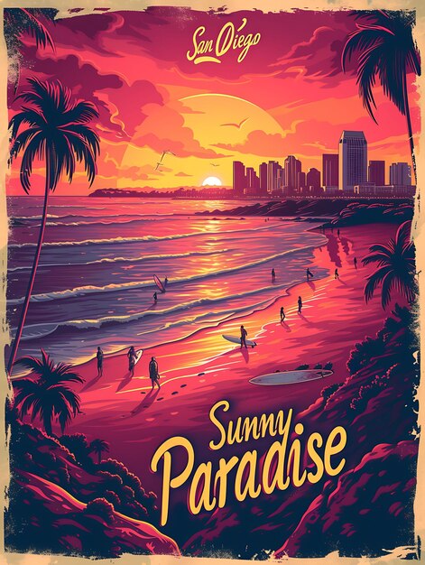 Affiche du texte et du slogan de San Diego Sunny Surf Paradise avec une vue sur la conception de la mise en page de l'illustration