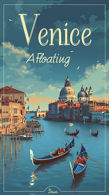 Affiche du texte et du slogan de Venise, un rêve flottant avec un paysage de mise en page d'illustration
