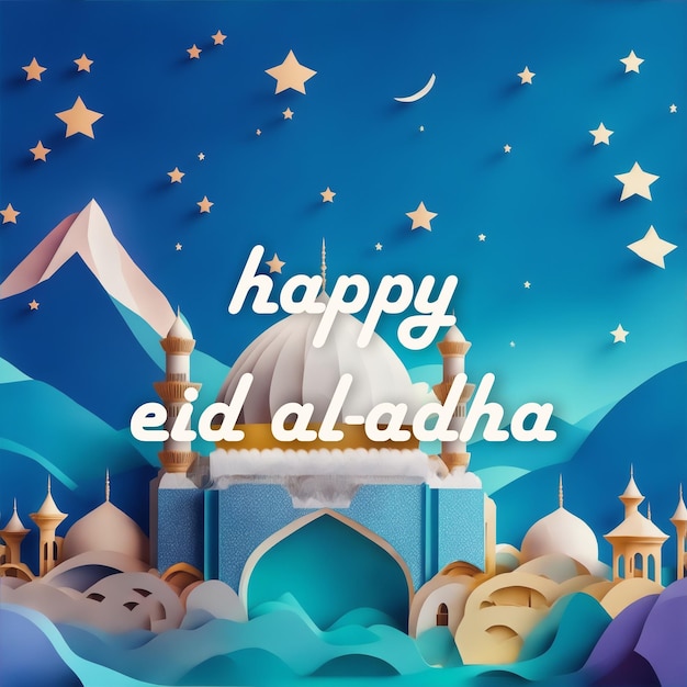 Affiche eid aladha avec mosquée et désert en arrière-plan