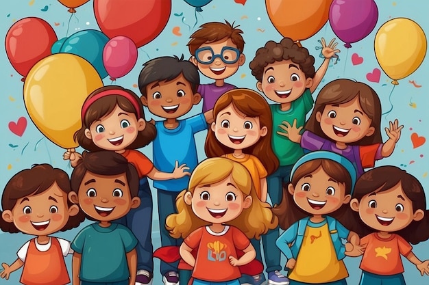 une affiche d'enfants avec des ballons et un personnage de dessin animé de la Journée internationale de l'enfance