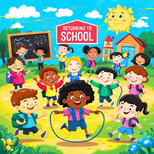 une affiche d'enfants avec un panneau disant retour à l'école