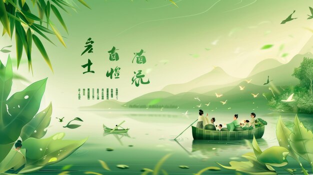 Photo une affiche époustouflante représentant un paysage fluvial de couleur verte avec des gens en miniature ramant des bateaux en feuilles de bambou et des zongzis géants le texte dit bonne fête des bateaux dragon le 5 mai