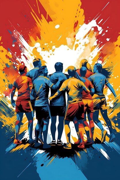 Affiche d'équipes sportives s'étreignant avec les couleurs d'une équipe comme la colonne dominante 2D Flat Design Art Design