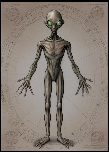Photo une affiche d'un extraterrestre aux yeux verts et à la tête noire.