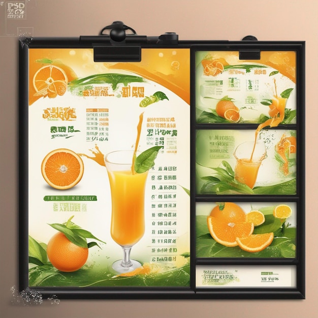 Photo une affiche faisant la promotion du jus d'orange frais est affichée sur le papier peint du menu des boissons