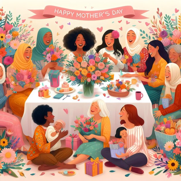 une affiche d'une famille avec des fleurs et une photo d'une mère et de sa