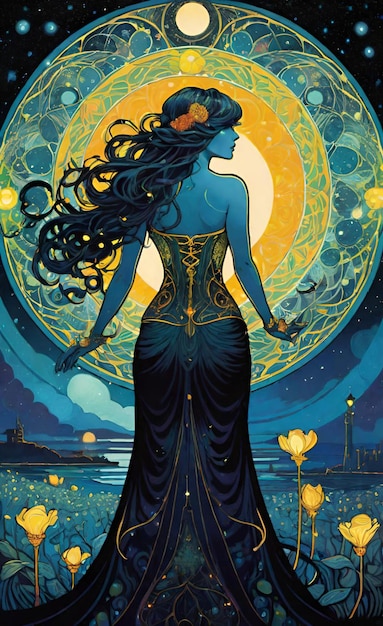 une affiche d'une femme aux cheveux longs et une robe bleue avec une lune jaune en arrière-plan