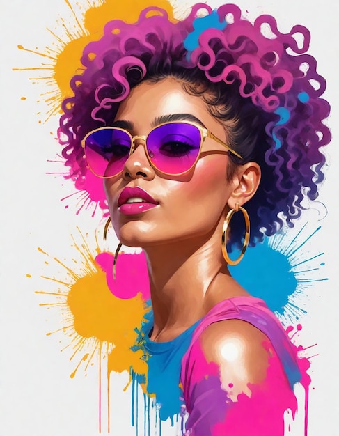 une affiche d'une femme aux cheveux violets et aux lunettes de soleil violettes