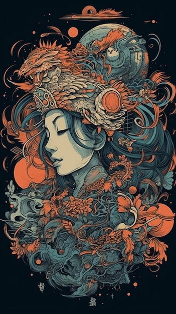 Une affiche d'une femme avec une couronne et des fleurs dessus.