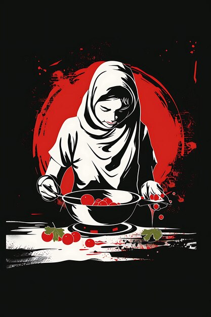 Photo une affiche d'une femme cuisinant de la nourriture avec un fond rouge