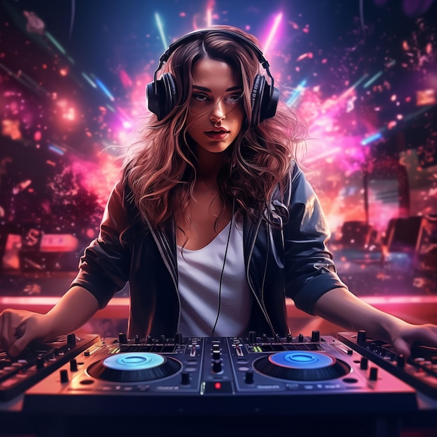 une affiche d'une femme dans une veste de DJ et des écouteurs