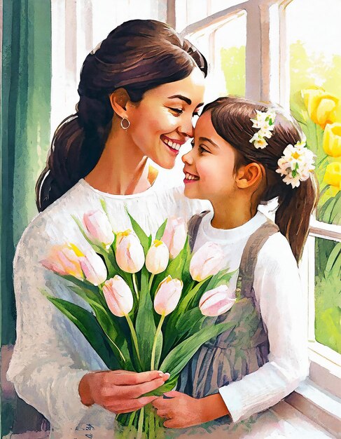 une affiche d'une femme et d'une fille avec des fleurs