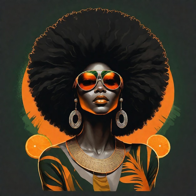 une affiche d'une femme avec un grand afro et un fond orange