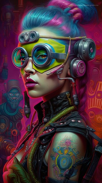 une affiche d'une femme avec des lunettes de protection colorées sur sa tête et le mot alien en bas