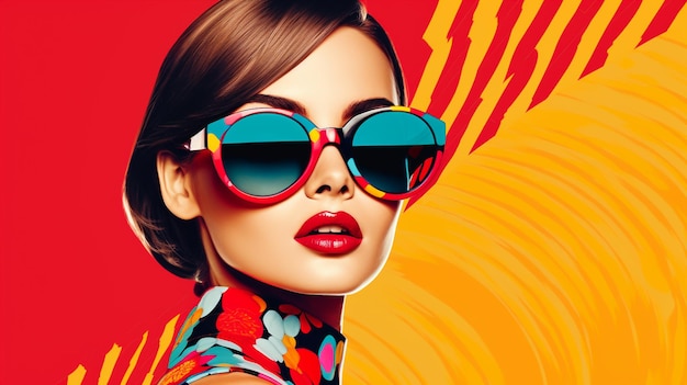 une affiche d'une femme avec des lunettes de soleil et un fond rouge.