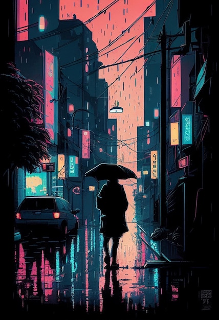 Une affiche d'une femme marchant sous la pluie avec un parapluie.