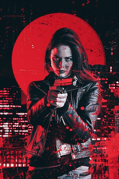 une affiche d'une femme avec un pistolet à la main