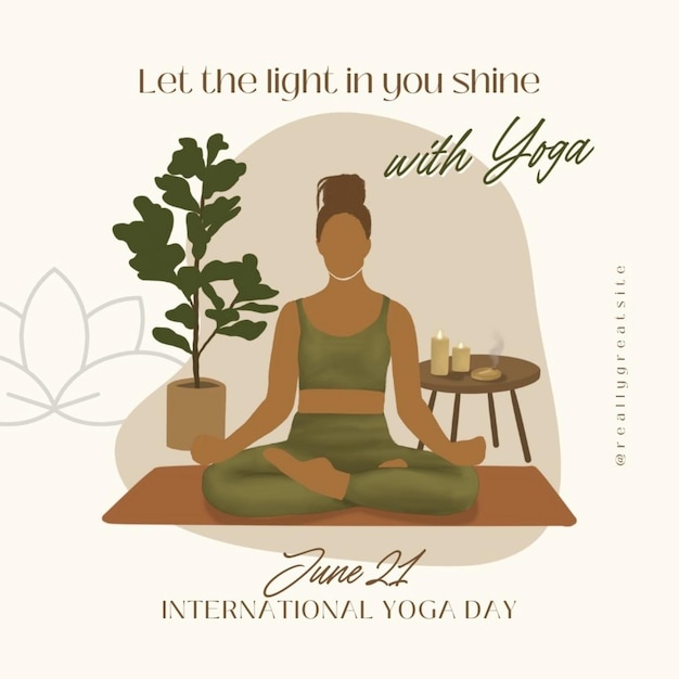 une affiche avec une femme en posture de yoga avec une plante en arrière-plan