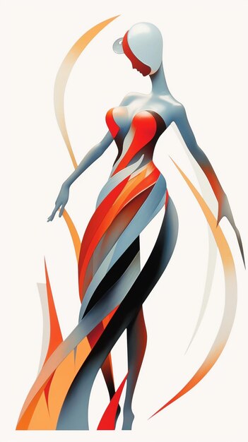 une affiche d'une femme avec une robe rouge et un design coloré.