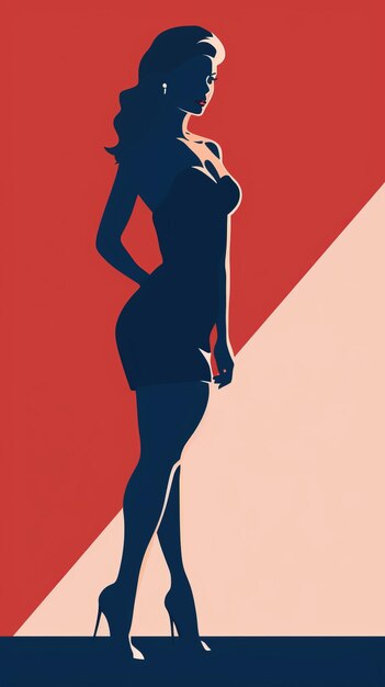 une affiche avec une femme vêtue d'une robe debout sur un fond rouge blanc et bleu