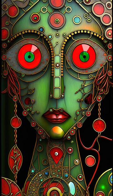 une affiche d'une femme avec des yeux rouges et un œil vert et rouge