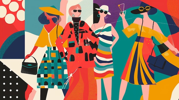 une affiche avec des femmes en lunettes de soleil et chapeaux