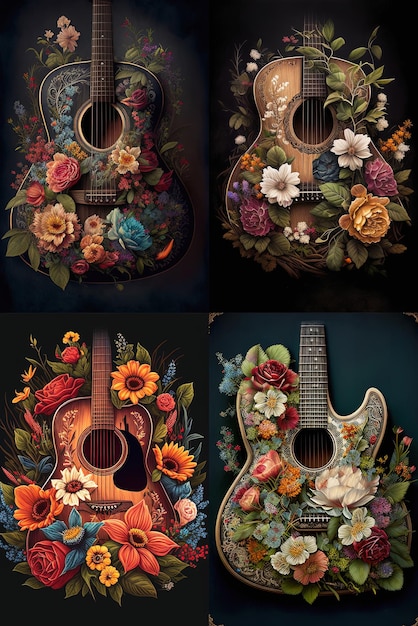 Affiche d'un festival de musique country avec une guitare acoustique et des fleurs AI