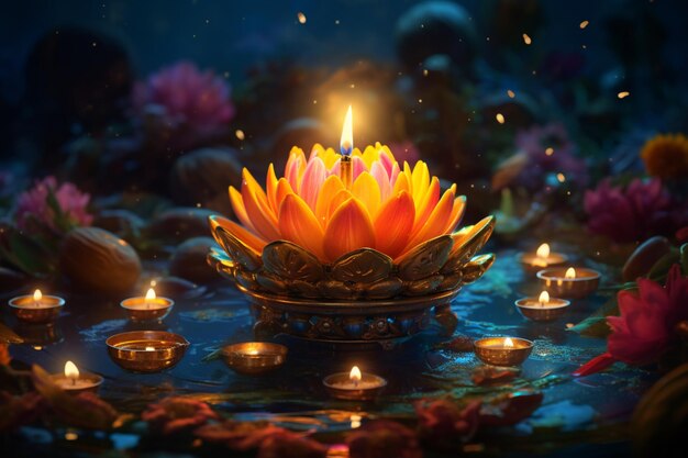 Une affiche festive de Diwali présente une bougie centrale au milieu de graphiques joyeux