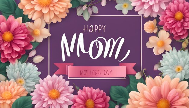 une affiche de la fête de la mère avec des fleurs et une bannière pour la fête des mères