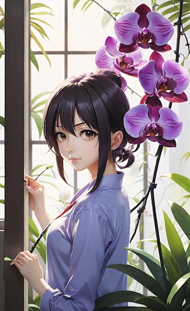 une affiche d'une fille d'anime avec une fleur dans les cheveux