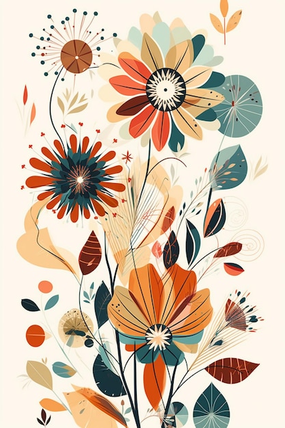 Une affiche florale colorée avec un bouquet de fleurs dessus.